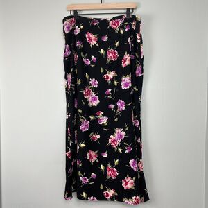 Vtg 90s Maxi Skirt XL Black Floral Straight Line Slit Cottage Granny Teacher Y2K